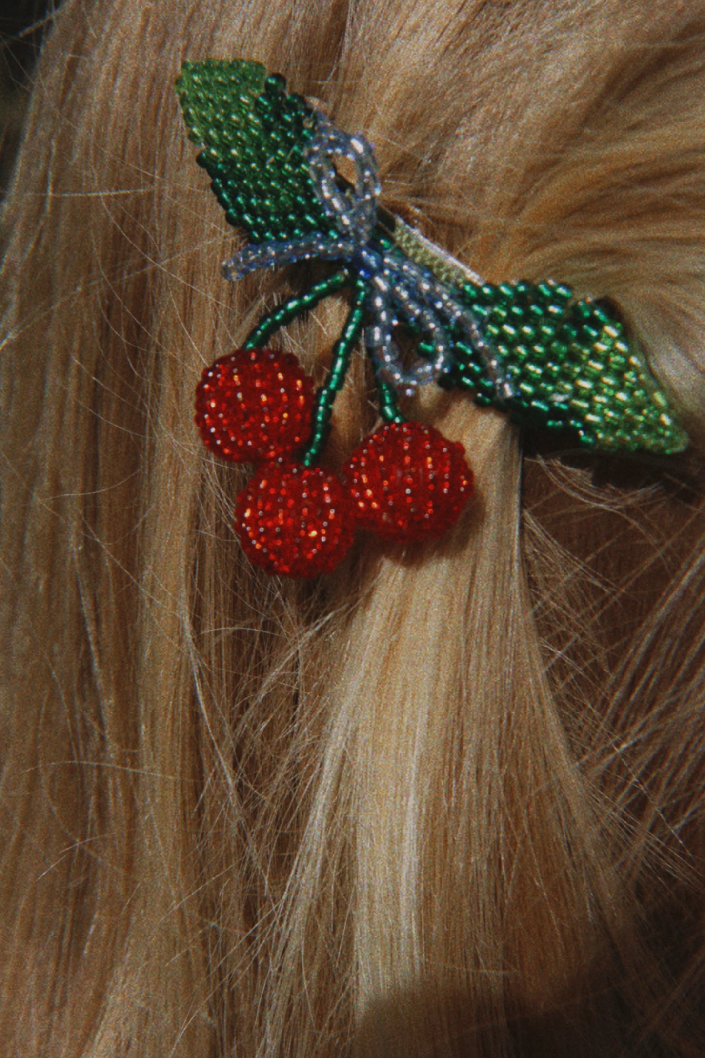 2 PACK BEADED CHERRY BOW HAIR CLIPS